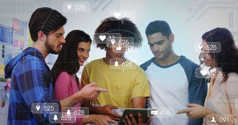 Diverse Students Engaging with Digital Tablet and Social Media Icons