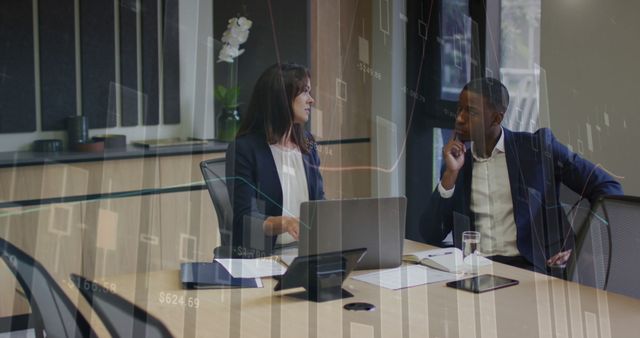 Business Colleagues Discussing Work in Modern Office with Digital Charts Overlay - Download Free Stock Images Pikwizard.com