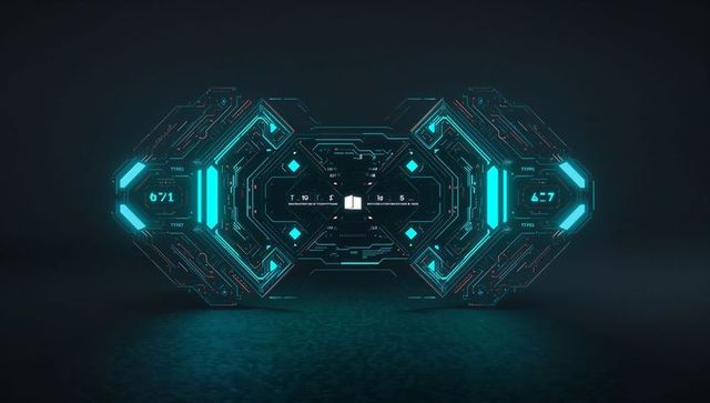 Futuristic holographic interface with symmetric cyan hex panels and central hub