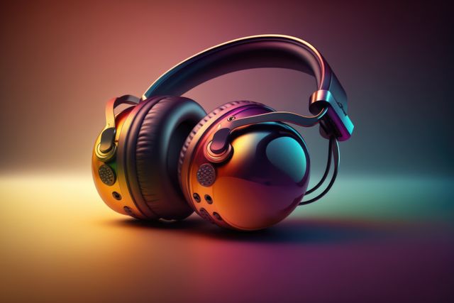 Close up of headphones on colorful background created using generative ai technology. Technology and music concept digitally generated image.