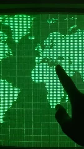 Finger Selecting Africa on Green Dot-Matrix World Map Video for Data Visualization Interface