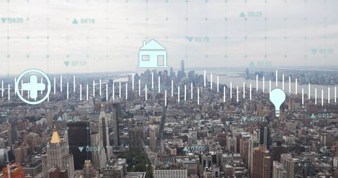 Futuristic Data Overlay on Urban Cityscape with Energy Icons