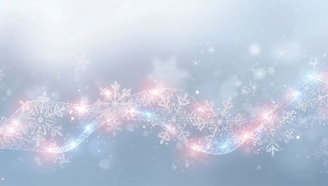 Shimmering Snowflake Ribbon and Crystal Light Trail Crossing Pastel Winter Background