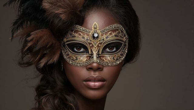 Regal gold filigree masquerade mask on elegant woman closeup portrait with feather detail