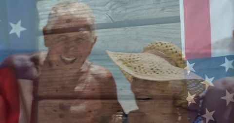 Happy Seniors Relaxing on Beach with American Flag Overlay