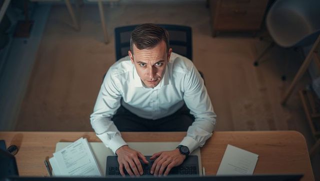 Businessman Focusing on Computer Screen at Office Desk