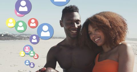 Joyful Couple Enjoying Beach with Social Media Overlay
