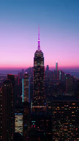Vertical city timelapse zooming toward illuminated spire at twilight with neon skyline