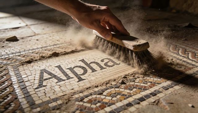 Restorer revealing alpha mosaic panel with brush while sweeping dust from ancient tesserae