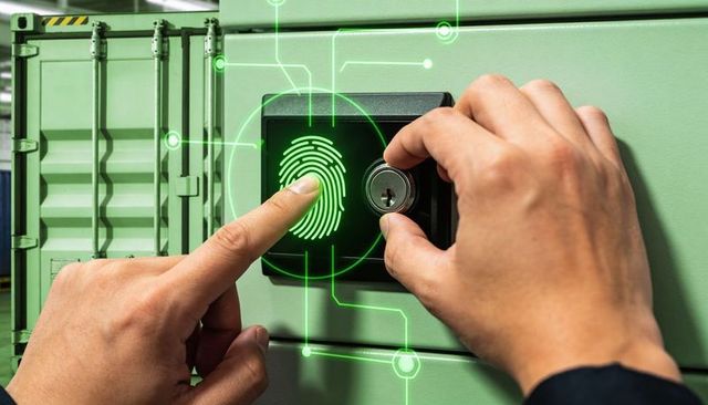 Securing cargo with biometric fingerprint scanner and mechanical key on green container