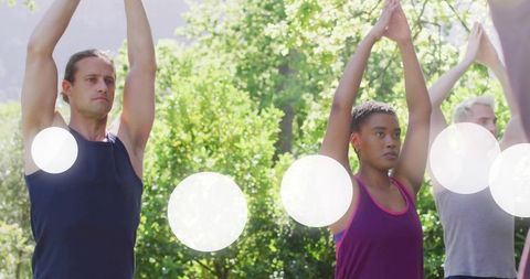 Group Yoga Session Outdoors in Sunlit Garden Setting