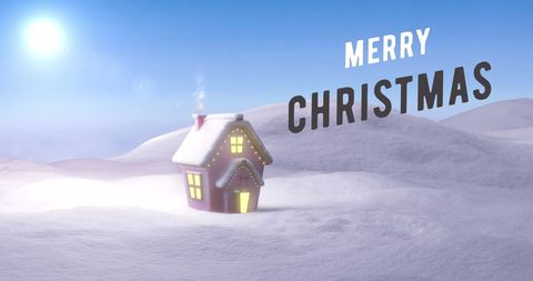 Christmas Greeting with Snowy Cabin and Blue Sky