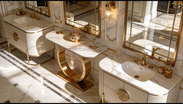 Opulent marble console with gold ring base and twin marble vanities in luxury bathroom