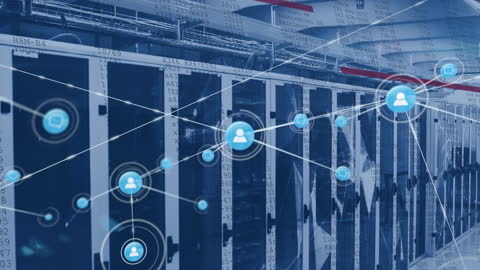 Digital Network Overlay on Modern Server Room Technology Concept