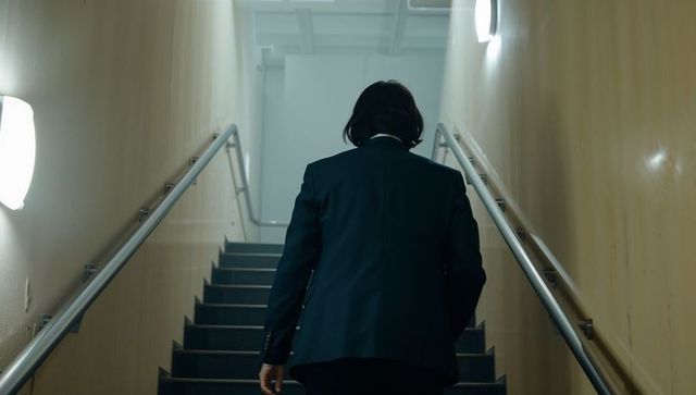Businesswoman ascending narrow stairwell with metal handrails and wall lights, back view