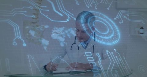 Doctor Writing with Augmented Reality Medical Interface Displaying Global Health Data