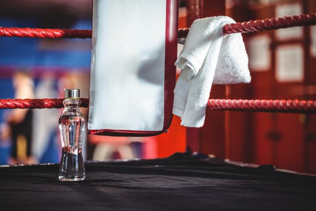 Perfect for illustrating fitness and training environments, this image shows a water bottle and towel in the corner of a boxing ring. Ideal for use in articles, blogs, or advertisements related to boxing, sports hydration, gym equipment, and workout routines.