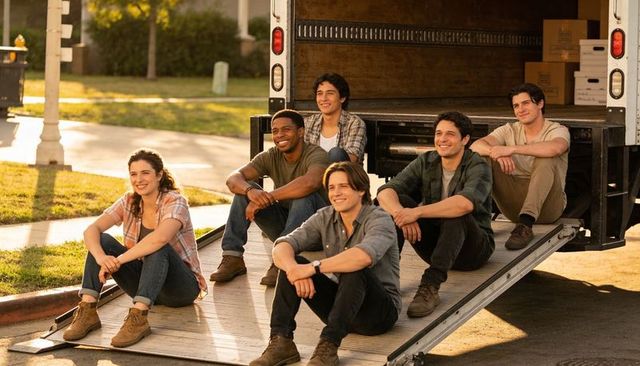Friends taking break on moving truck ramp during golden hour relaxing together after move