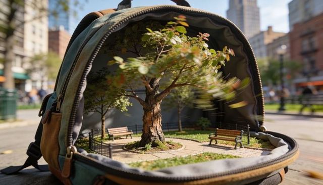 Canvas backpack revealing miniature park diorama with motion-blurred tree and benches in urban plaza
