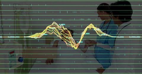 Medical team monitoring patient bedside with heart rate waveform overlay