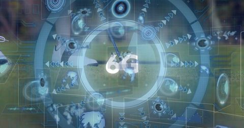 Futuristic 6G Interface Overlays on Stadium Field