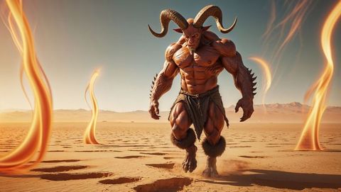 Horned demonic creature marching across fiery desert