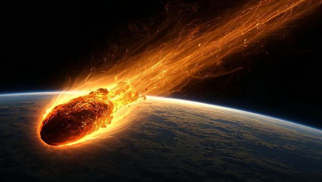 Molten meteoroid plunging toward planet, trailing flaming plasma and sparks over horizon