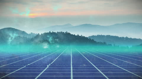 Futuristic Digital Grid Over Mountain Landscape at Sunset