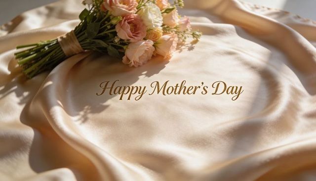 Luxury champagne satin with pastel rose bouquet and gold happy mother's day greeting