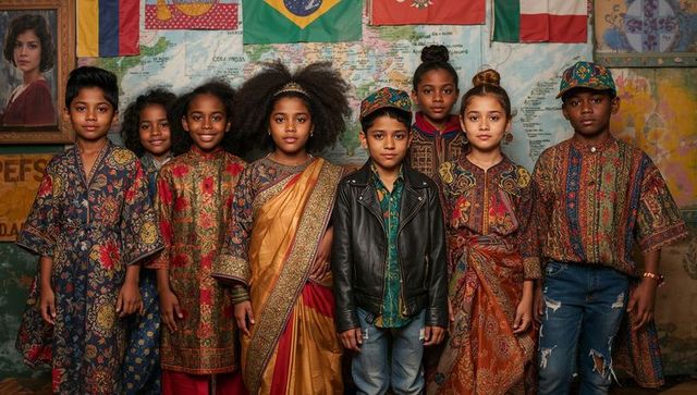 Standing multicultural children wearing vibrant traditional textiles and modern streetwear