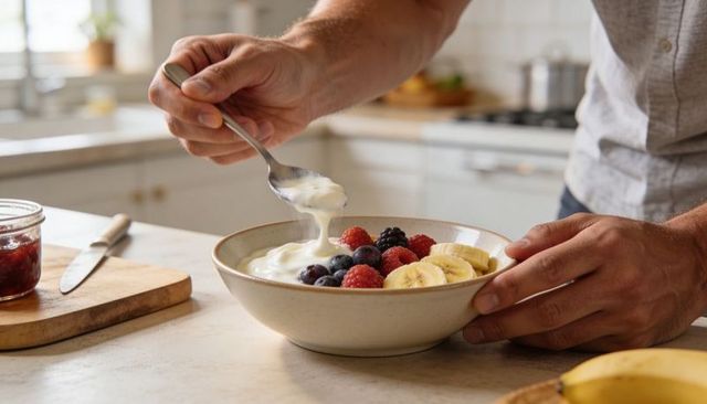 Man drizzling creamy yogurt over banana and mixed berries for healthy breakfast