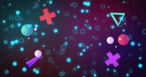 Neon geometric background with glowing hexagons, floating crosses, triangles and spheres
