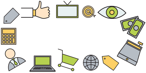 Digital illustration featuring diverse trading icons on transparent background offering empty space in center for customizable text. Useful for marketing materials, promotional designs, or website overlays. Includes blend of motifs like computer, money, shopping cart for modern business emblems.