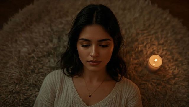 Woman relaxing on plush rug with candlelight and cozy sweater, intimate home portrait