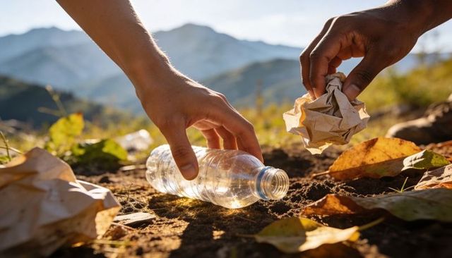 Volunteers picking up litter on mountain trail collecting plastic bottle and paper waste