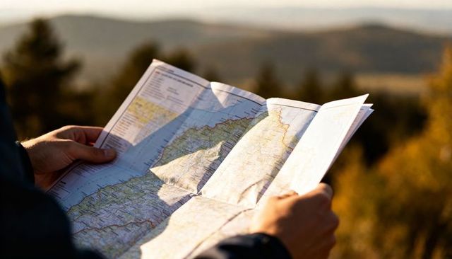 Hands holding folded topographic map at warm golden hour reading trails and contour lines