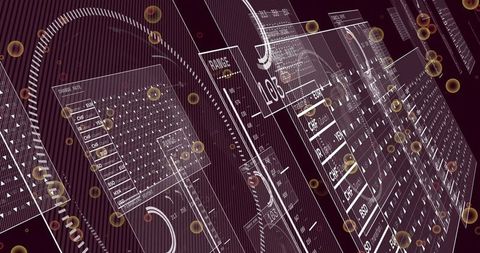 Displaying futuristic 3D data visualization HUD with translucent panels and gold spheres