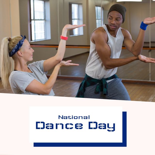 Diverse group of young friends dancing energetically in a studio to celebrate National Dance Day. Perfect for promoting fitness and wellness activities, advertisements for dance classes, or materials for inclusive community events.