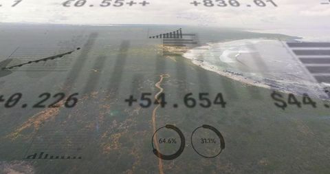 Aerial coastal landscape showing financial data overlay and winding trail toward beach