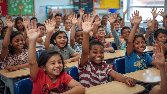 Smiling elementary students raising hands in engaged multicultural classroom learning