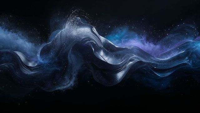 Sinuous metallic ribbon flowing through cosmic nebula with stars and particle trails