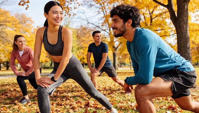 Group doing lunges and stretching in autumn park, outdoor fitness training and smiling