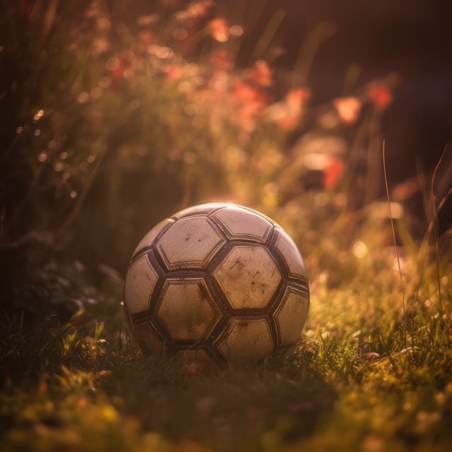 Close up of white and grey football in grass, created using generative ai technology. Football, sports and competition concept digitally generated image.