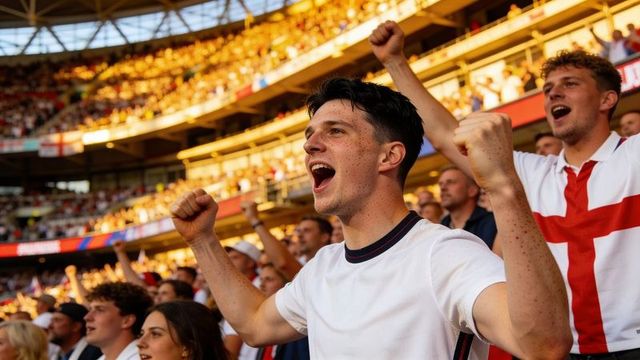 Young fan cheering and raising fists in sunlit packed stadium during match