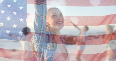 USA Flag and Diverse Friends Celebrate on Sunny Beach