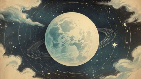 Futuristic Cosmic Illustrated Planet with Rings and Stars