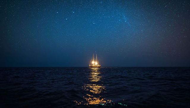 Solitary Sailboat Glowing on Calm Ocean Reflecting Stars under Vast Night Sky