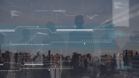 Business People Analyzing Digital Data Over Urban Skyline