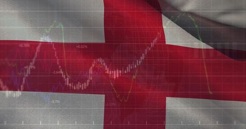 Economic Trends Analysis Over English Flag with Data Charts