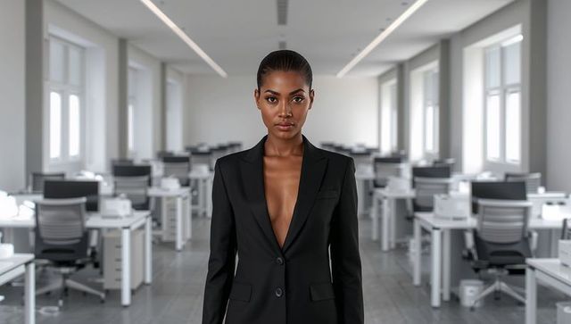 Confident executive standing in minimalist open-plan office wearing black blazer